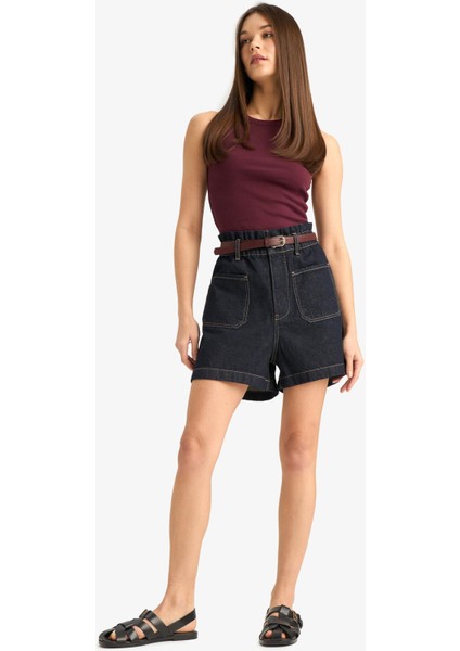 Paperbag Yüksek Bel Katlamalı Paça Jean Şort