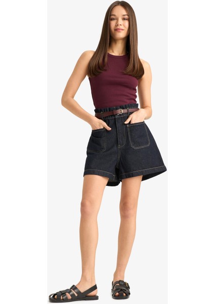 Paperbag Yüksek Bel Katlamalı Paça Jean Şort modelleri