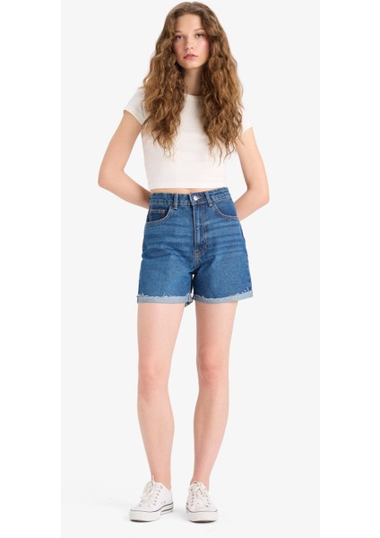 Mom Fit Yüksek Bel Paçası Katlamalı Fit Jean Şort E0924AX25SM