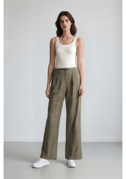 Wide Leg Klasik Kumaş Pantolon Geniş Bol Paça Kareli Çift Cepli Yüksek Bel Piliseli Standart Boy D4439AX24AU