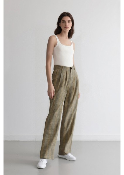 Wide Leg Klasik Kumaş Pantolon Geniş Bol Paça Kareli Çift Cepli Yüksek Bel Piliseli Standart Boy D4439AX24AU fiyatları