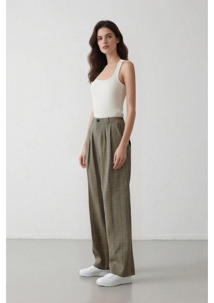 Wide Leg Klasik Kumaş Pantolon Geniş Bol Paça Kareli Çift Cepli Yüksek Bel Piliseli Standart Boy D4439AX24AU modelleri