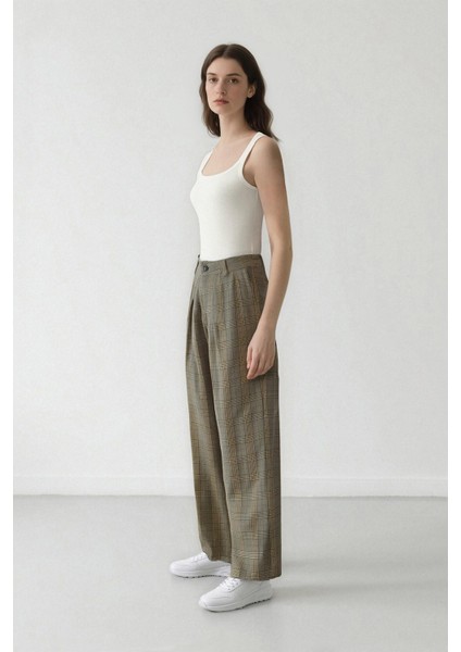 Wide Leg Klasik Kumaş Pantolon Geniş Bol Paça Kareli Çift Cepli Yüksek Bel Piliseli Standart Boy D4439AX24AU fırsatları