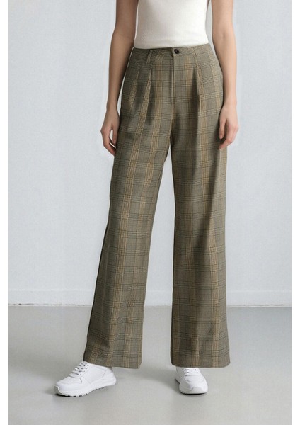Wide Leg Klasik Kumaş Pantolon Geniş Bol Paça Kareli Çift Cepli Yüksek Bel Piliseli Standart Boy D4439AX24AU