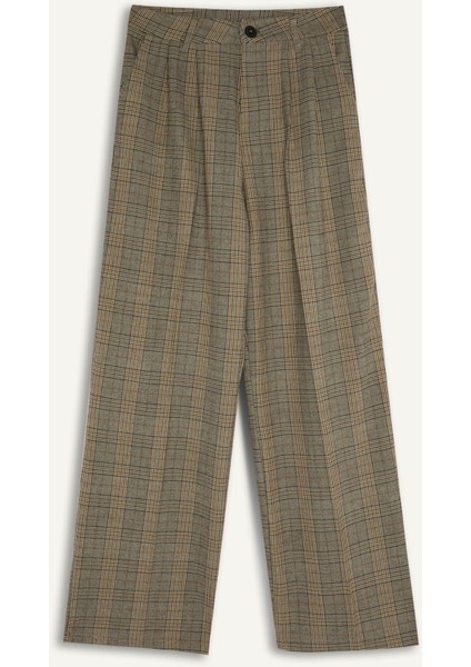 Wide Leg Klasik Kumaş Pantolon Geniş Bol Paça Kareli Çift Cepli Yüksek Bel Piliseli Standart Boy D4439AX24AU