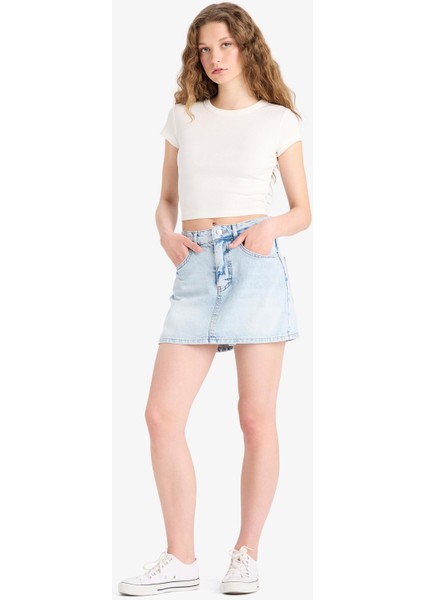 Yüksek Bel Yıkamalı Cepli Jean Şort Etek E0566AX25SM fiyatları