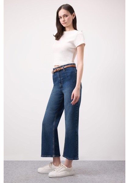 Culotte Yüksek Bel Kısa Geniş Paça Kemerli Jean Yıkamalı Pantolon D4325AX25SP