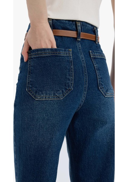 Culotte Yüksek Bel Kısa Geniş Paça Kemerli Jean Yıkamalı Pantolon D4325AX25SP