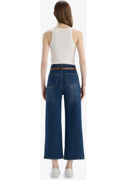Culotte Yüksek Bel Kısa Geniş Paça Kemerli Jean Yıkamalı Pantolon D4325AX25SP