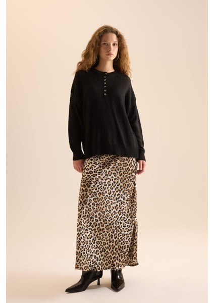 Straight Fit Normal Bel Leopar Desenli Saten Maxi Etek D6886AXNS