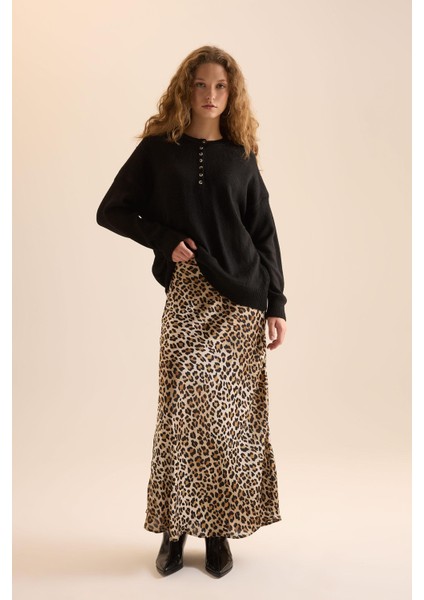 Straight Fit Normal Bel Leopar Desenli Saten Maxi Etek D6886AXNS fiyatları