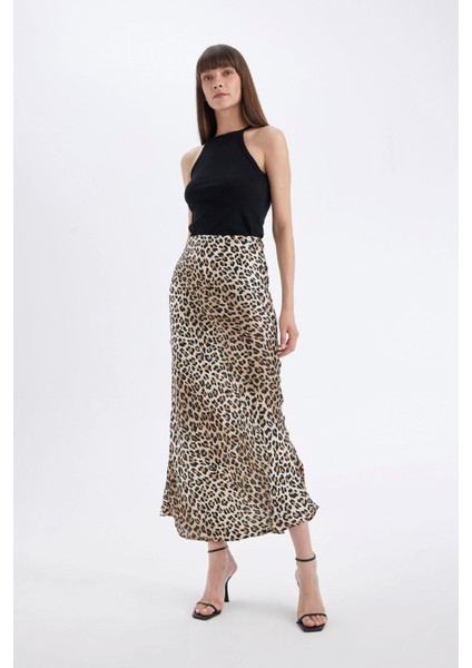 Straight Fit Normal Bel Leopar Desenli Saten Maxi Etek D6886AXNS