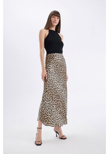 Straight Fit Normal Bel Leopar Desenli Saten Maxi Etek D6886AXNS