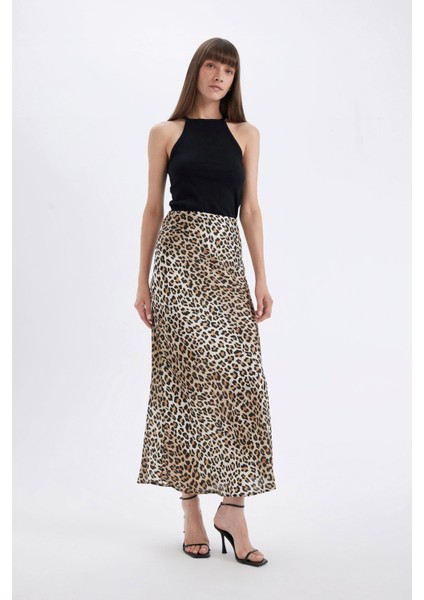 Straight Fit Normal Bel Leopar Desenli Saten Maxi Etek D6886AXNS