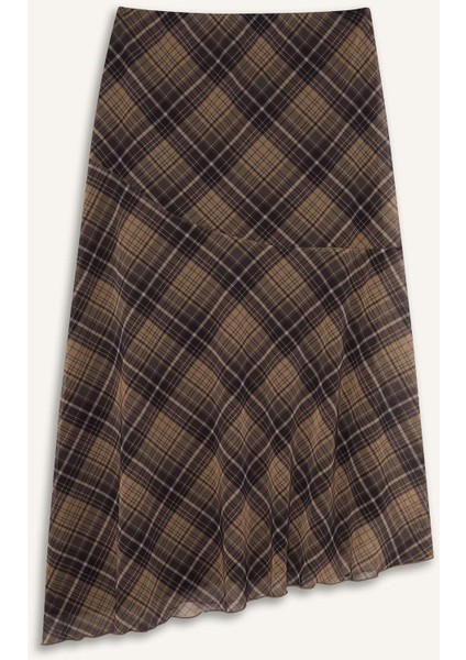 Asimetrik Kareli Normal Bel Tül Midi Etek E4811AX25SP