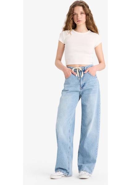 Wide Leg Bağcıklı Bel Uzun Jean Yıkamalı Pantolon E8003AX25SM