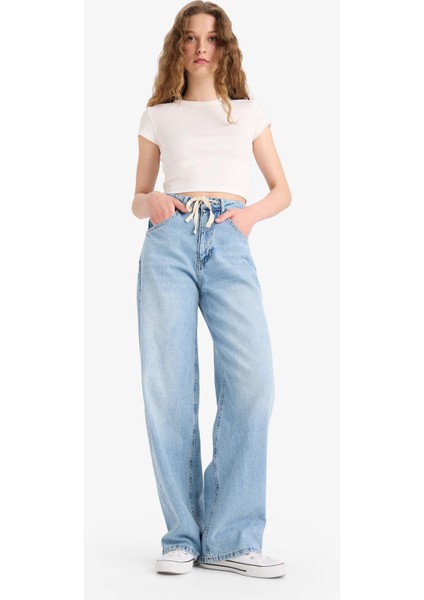 Wide Leg Bağcıklı Bel Uzun Jean Yıkamalı Pantolon E8003AX25SM fiyatları