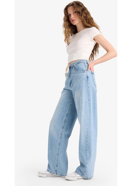 Wide Leg Bağcıklı Bel Uzun Jean Yıkamalı Pantolon E8003AX25SM modelleri