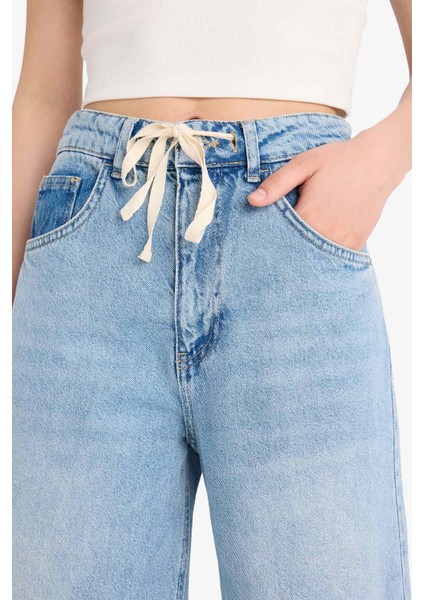 Wide Leg Bağcıklı Bel Uzun Jean Yıkamalı Pantolon E8003AX25SM indirimleri