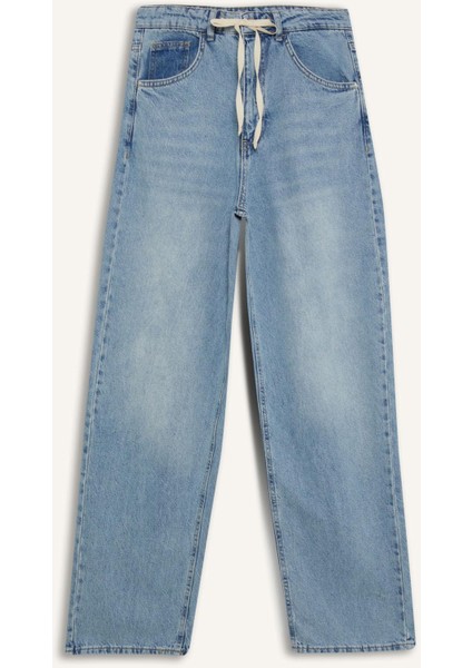 Wide Leg Bağcıklı Bel Uzun Jean Yıkamalı Pantolon E8003AX25SM