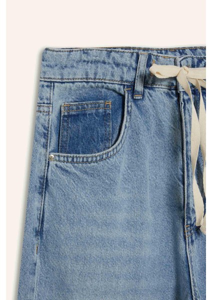 Wide Leg Bağcıklı Bel Uzun Jean Yıkamalı Pantolon E8003AX25SM