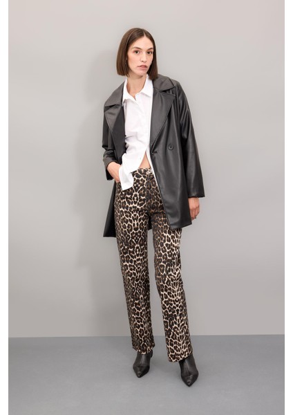 Straight Fit Leopar Gabardin Palazzo Pantolon Yüksek Bel Cepli Uzun D1229AX24AU