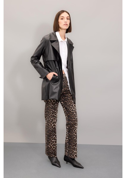 Straight Fit Leopar Gabardin Palazzo Pantolon Yüksek Bel Cepli Uzun D1229AX24AU fiyatları