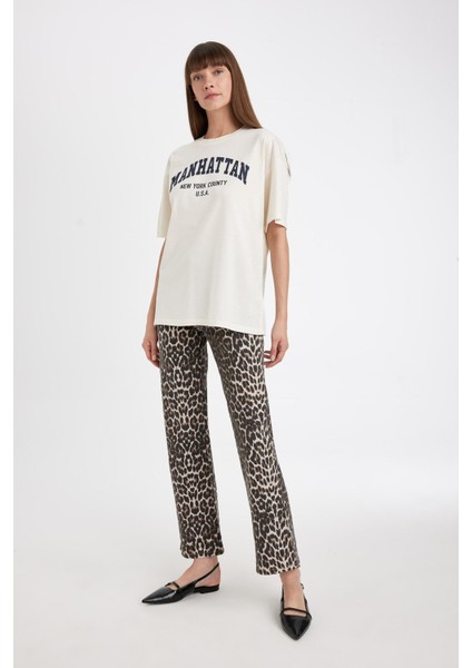 Straight Fit Leopar Gabardin Palazzo Pantolon Yüksek Bel Cepli Uzun D1229AX24AU indirimleri