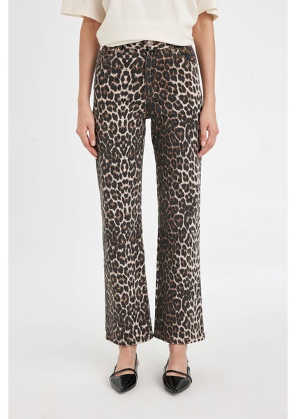 Straight Fit Leopar Gabardin Palazzo Pantolon Yüksek Bel Cepli Uzun D1229AX24AU
