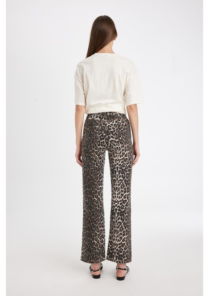 Straight Fit Leopar Gabardin Palazzo Pantolon Yüksek Bel Cepli Uzun D1229AX24AU