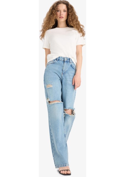 Straight Wide Yırtık Detaylı Yüksek Bel Uzun Jean Yıkamalı Pantolon E8016AX25SM modelleri