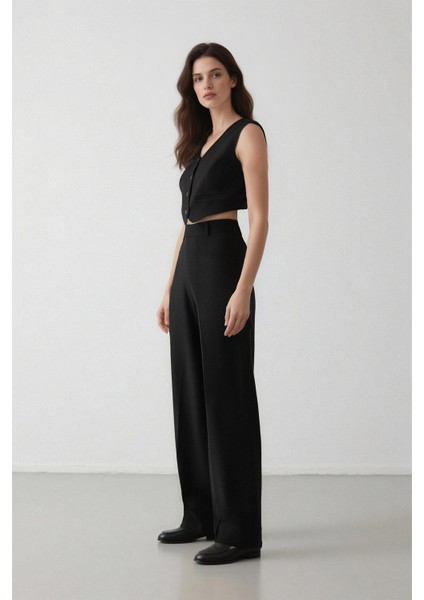 Palazzo Çift Cepli Yüksek Bel Düz Paça Cepli Krep Kumaş Klasik Kumaş Pantolon D9541AX24AU modelleri