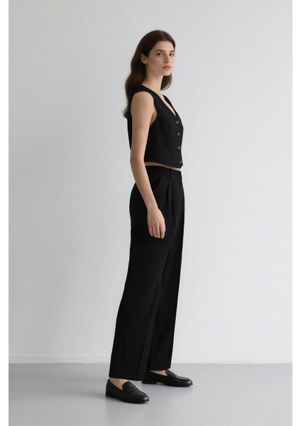 Palazzo Çift Cepli Yüksek Bel Düz Paça Cepli Krep Kumaş Klasik Kumaş Pantolon D9541AX24AU