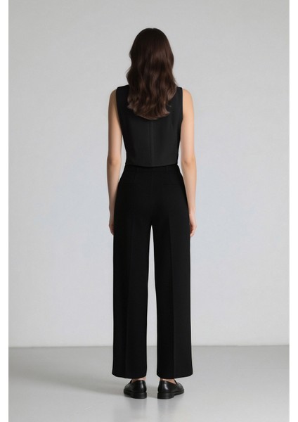 Palazzo Çift Cepli Yüksek Bel Düz Paça Cepli Krep Kumaş Klasik Kumaş Pantolon D9541AX24AU