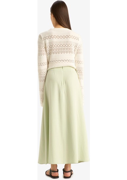 A Kesim Yüksek Bel Keten Karışımlı Maxi Etek