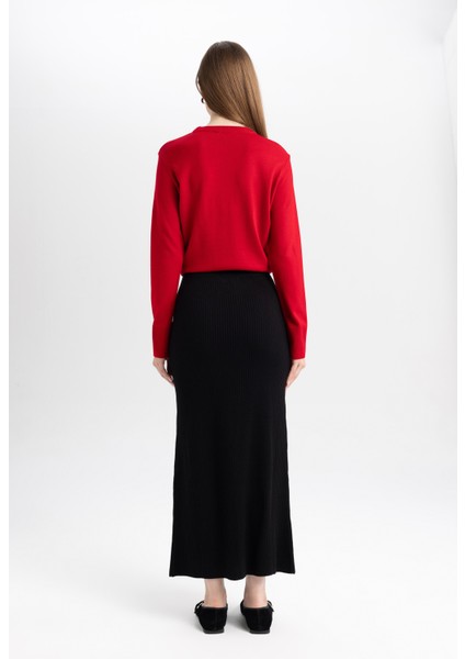 Regular Fit Beli Lastikli Basic Düz Siyah Triko Maxi Etek D2526AX24WN