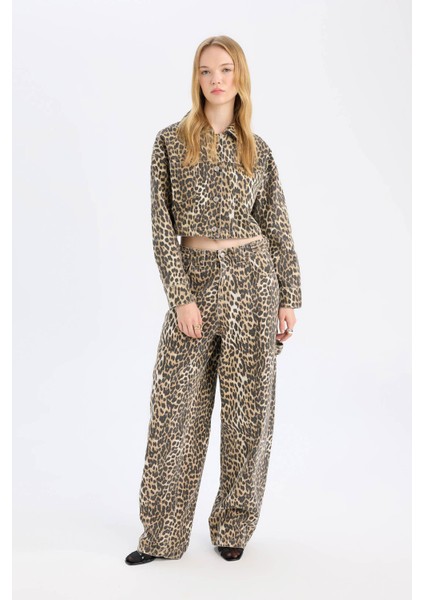 Baggy Fit Gabardin Pantolon Yüksek Bel Leopar Desenli Standart Boy D8149AX24AU fırsatları