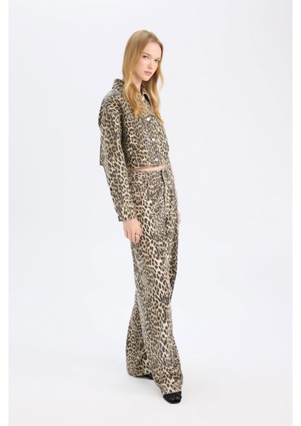 Baggy Fit Gabardin Pantolon Yüksek Bel Leopar Desenli Standart Boy D8149AX24AU indirimleri