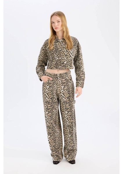 Baggy Fit Gabardin Pantolon Yüksek Bel Leopar Desenli Standart Boy D8149AX24AU
