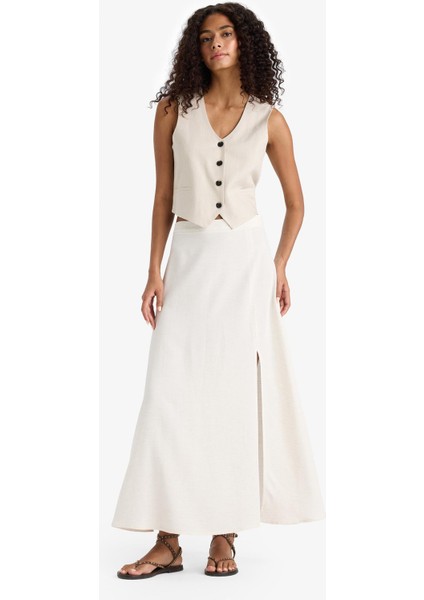 A Kesim Normal Bel Yırtmaçlı Keten Karışımlı Maxi Etek E6024AX25SM