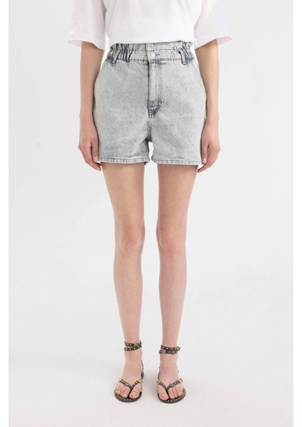 Paperbag Yüksek Bel Katlamalı Paça Jean Şort