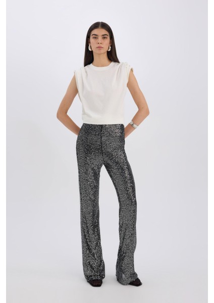 Siyah Şık Payetli Pantolon Flare Fit Yüksek Bel Standart Boy E1773AX24CW fiyatları