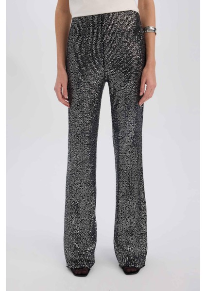Siyah Şık Payetli Pantolon Flare Fit Yüksek Bel Standart Boy E1773AX24CW indirimleri
