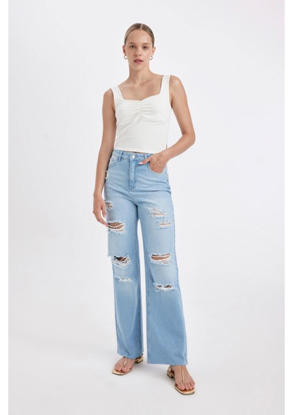 90's Wide Leg Yüksek Bel Geniş Paça Yırtık Detaylı Yıkamalı Jean Pantolon C8609AX24HS