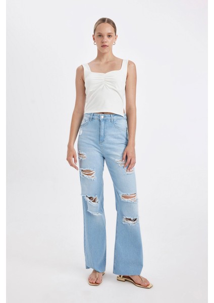 90's Wide Leg Yüksek Bel Geniş Paça Yırtık Detaylı Yıkamalı Jean Pantolon C8609AX24HS fırsatları