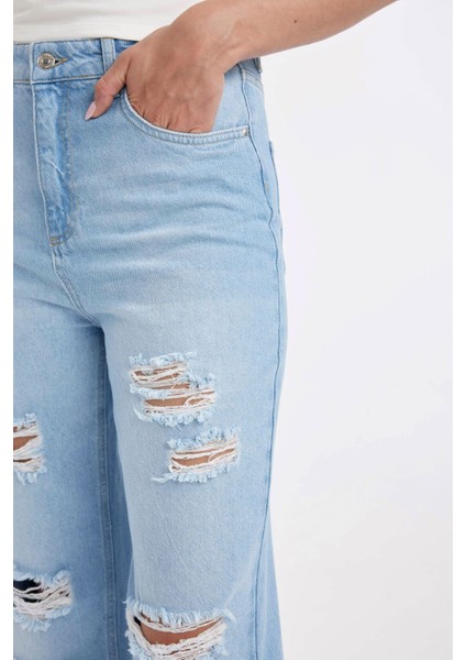 90's Wide Leg Yüksek Bel Geniş Paça Yırtık Detaylı Yıkamalı Jean Pantolon C8609AX24HS