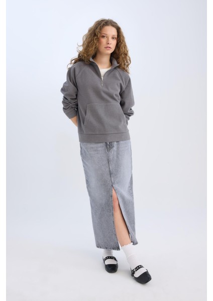 Long Fit Yırtmaçlı Cepli Uzun Boy Jean Etek D1375AX24AU