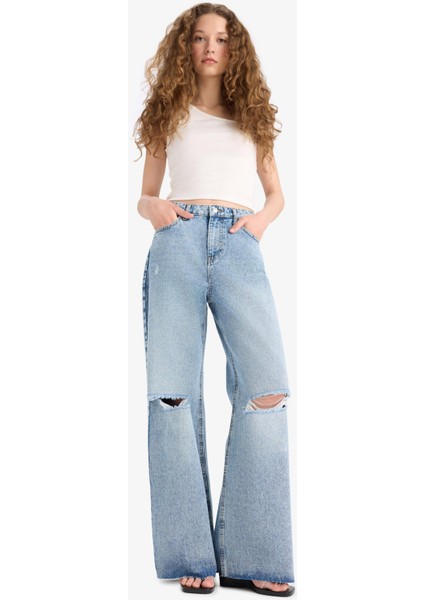 Wide Leg Yırtık Detaylı Yüksek Bel Geniş Paça Uzun Jean Pantolon E1681AX25SM