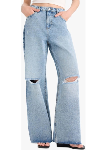 Wide Leg Yırtık Detaylı Yüksek Bel Geniş Paça Uzun Jean Pantolon E1681AX25SM fırsatları