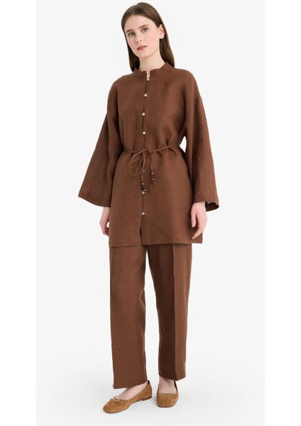 %100 Keten Straight Fit Beli Lastikli Cepli Pantolon D4388AX25SM